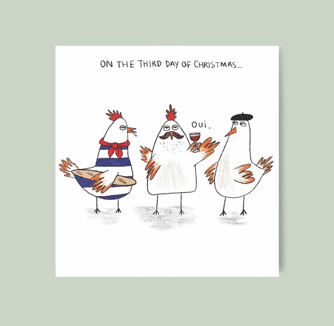 Three french hens greetings card