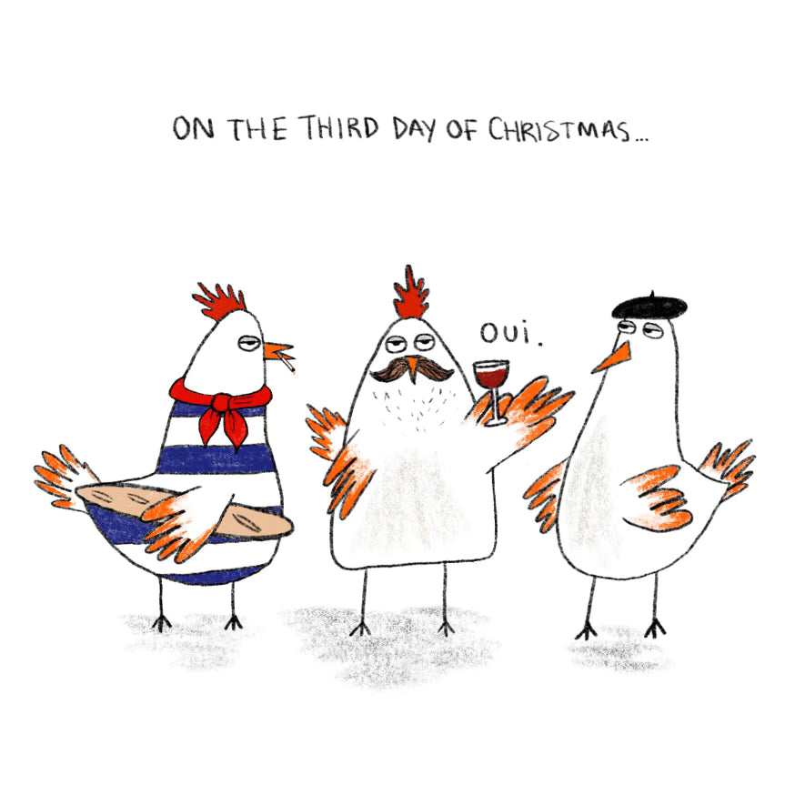 Three french hens greetings card